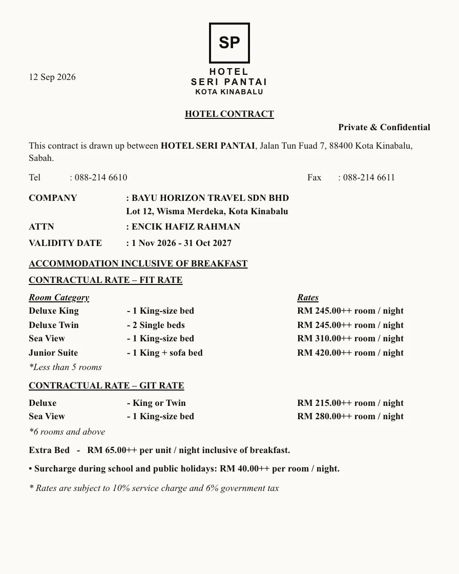 A scanned hotel contract letter from Hotel Seri Pantai with FIT and GIT rate tables
